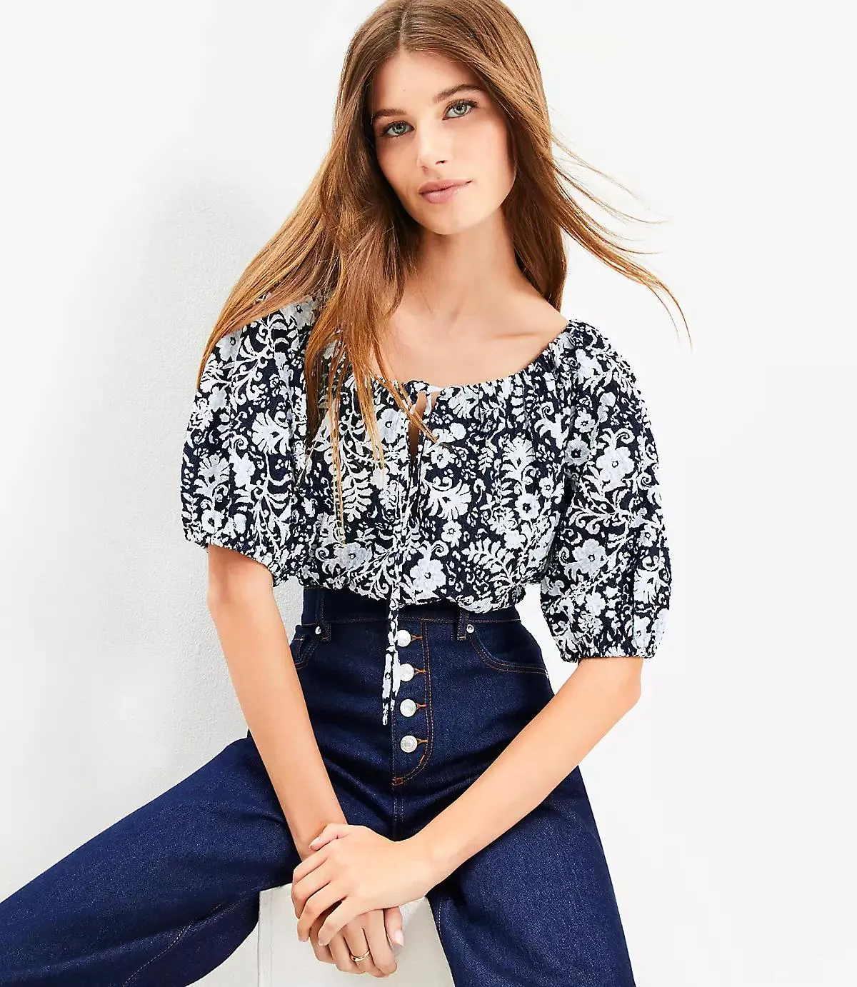 Floral Tie Neck Bubble Sleeve Top