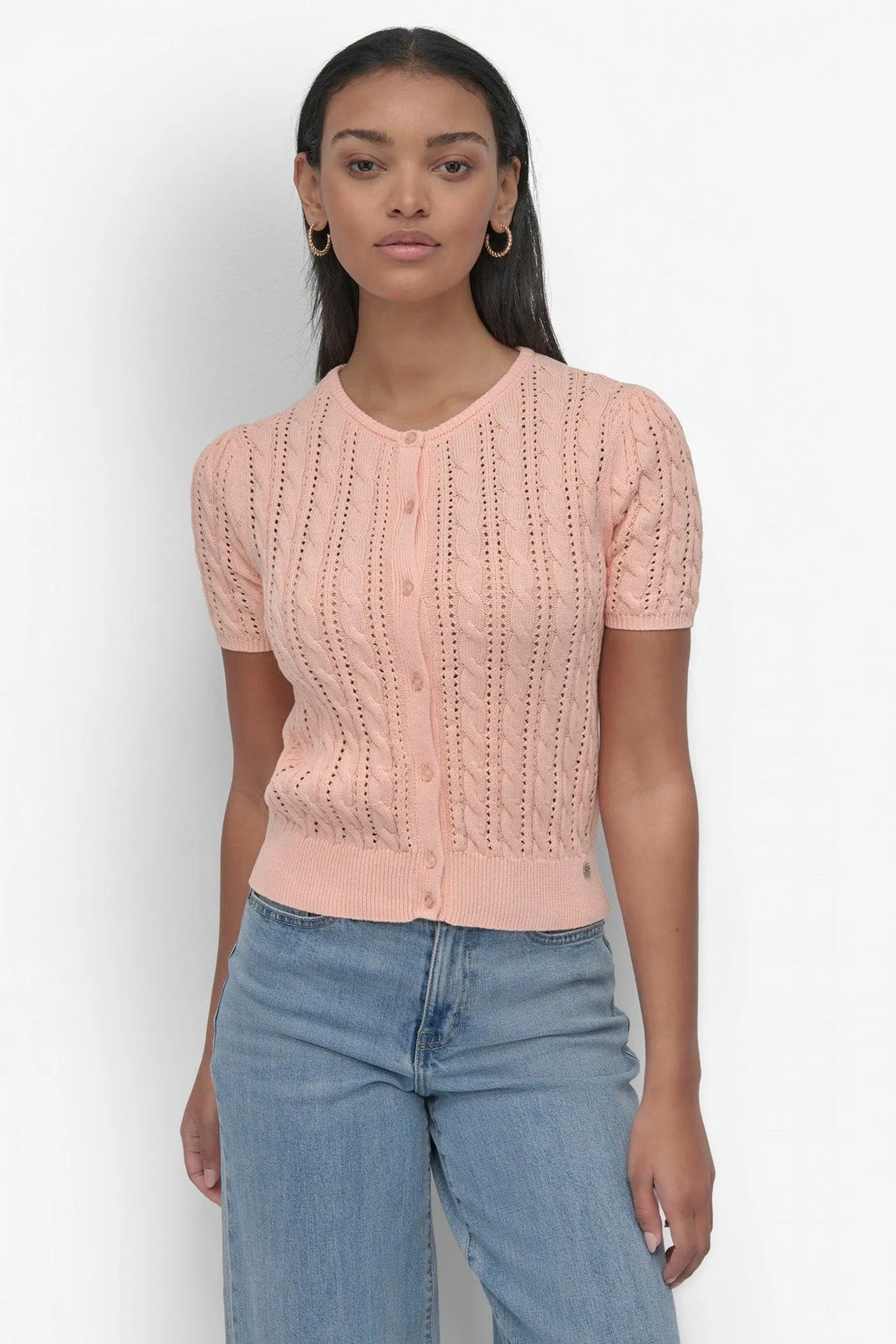 PUFF SLEEVE POINTELLE STITCH CREW NECK