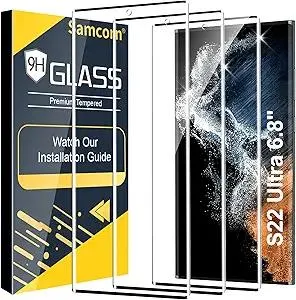 3 Pack Galaxy S22 Ultra Screen Protector, HD Clear Tempered Glass, Fingerprint Unlock, 3D Curved, Scratch Resistant, No Bubble for Samsung Galaxy S22 Ultra 5G Glass Screen Protector