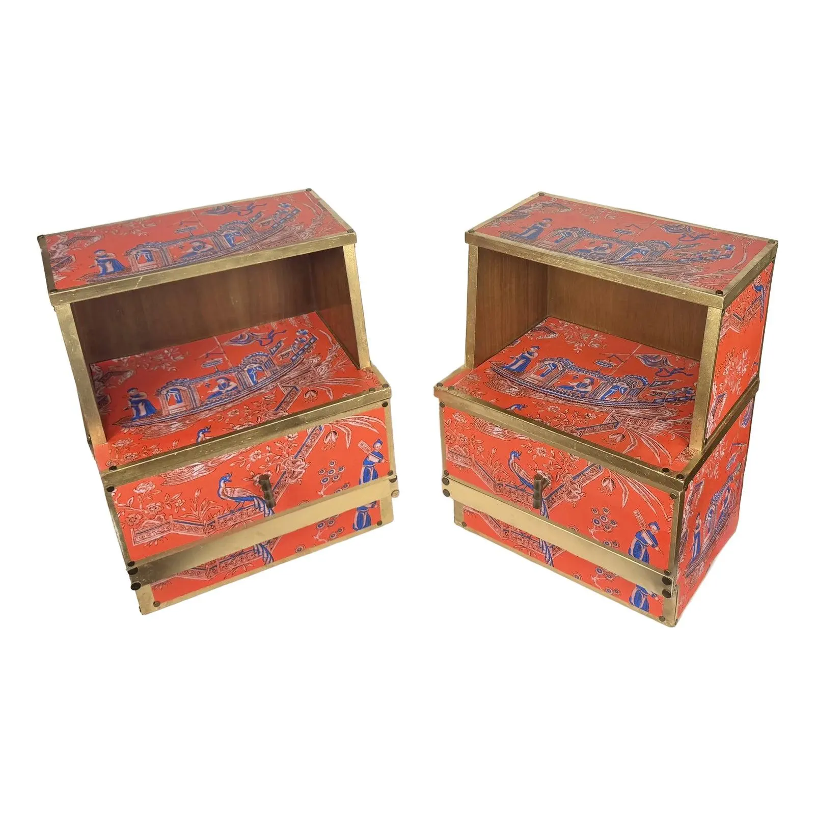 Mid 20th Century Pair of Orange & Blue Chinoiserie Nightstands