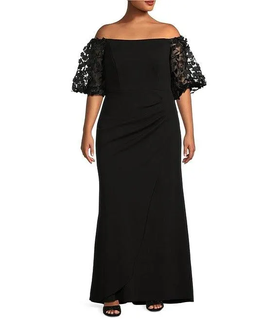 Plus Size 3D Floral Applique Scuba Crepe Off-the-Shoulder Short Puffed Sleeve Sheath Gown