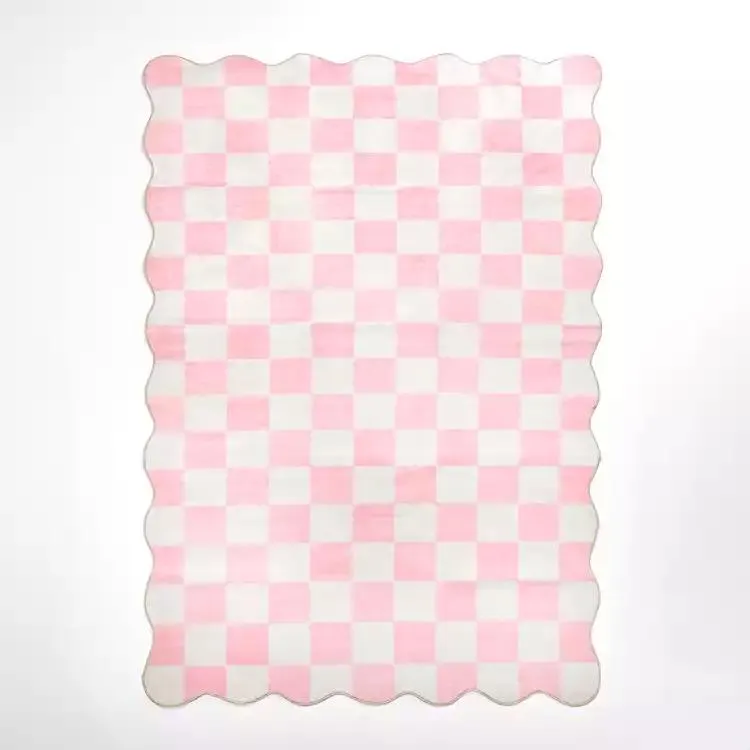 Pink Checker Scalloped Washable Rug, 5x8