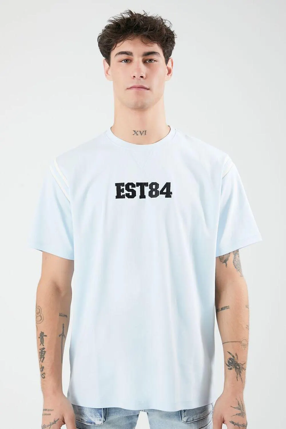 Embroidered EST84 Graphic Varsity-Striped Tee