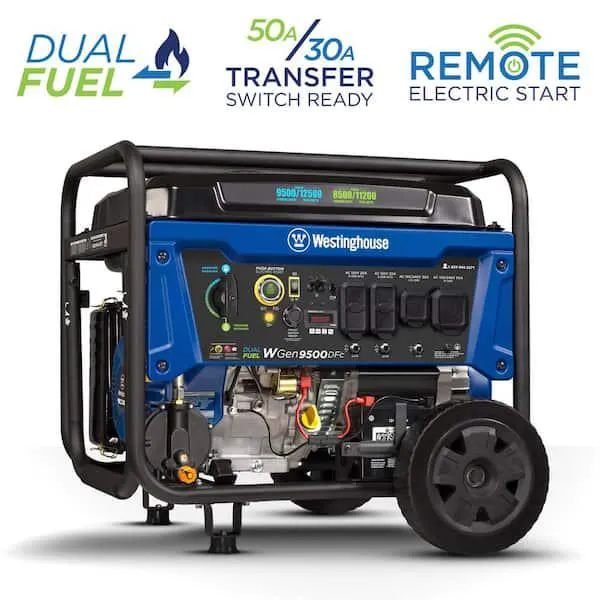 12,500/9,500-Watt Dual Fuel Gas and Propane Powered Portable Generator with Remote Electric Start, 50 Amp Outlet