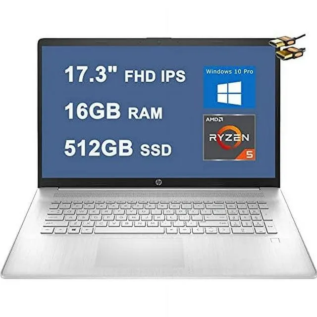HP 17 Business Laptop Computer 17.3" FHD IPS Display AMD Hexa-Core Ryzen 5 5500U (Beats i7-1160G7) 16GB RAM 512GB SSD Fingerprint Reader USB-C Office365 Win10 Pro Silver + HDMI Cable