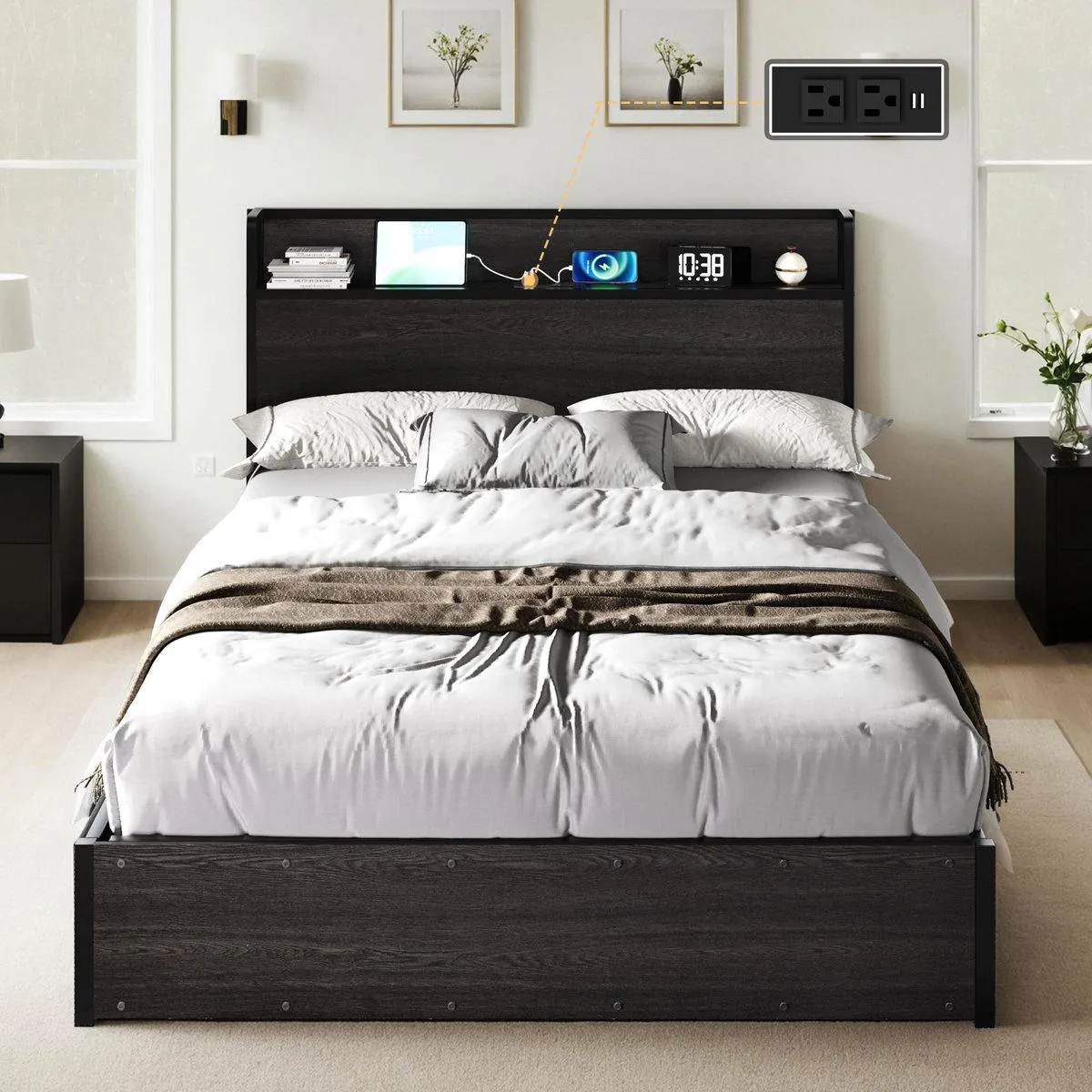 Shila Lift Up Storage Bed Frame & Charging Station