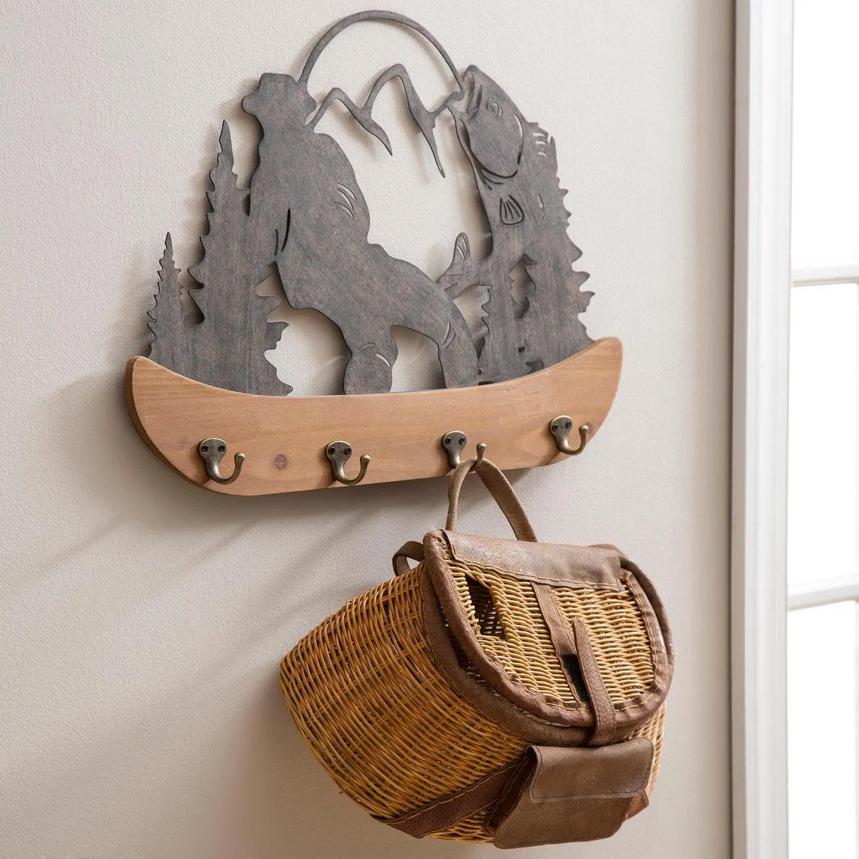 Metal and Wood Mountain Wall Décor with Hooks