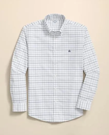 Stretch Cotton Non-Iron Oxford Polo Button Down Collar, Fine Windowpane Shirt