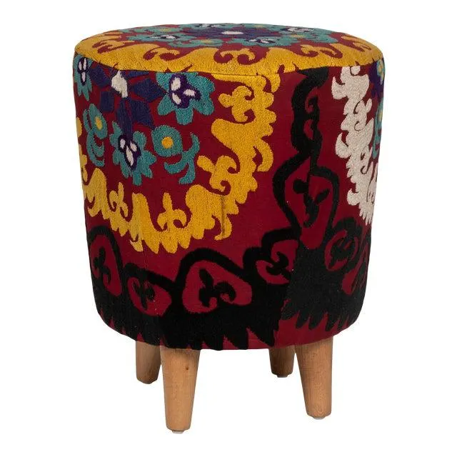 Modern Handwoven Uzbek Suzani Ottoman Footstool