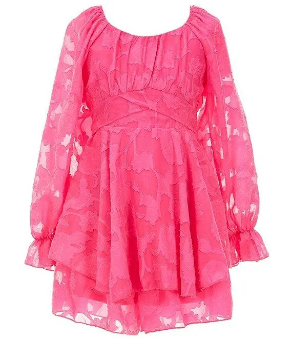 Big Girls Long Sleeve Floral Tonal Burnout Jacquard Chiffon Dress
