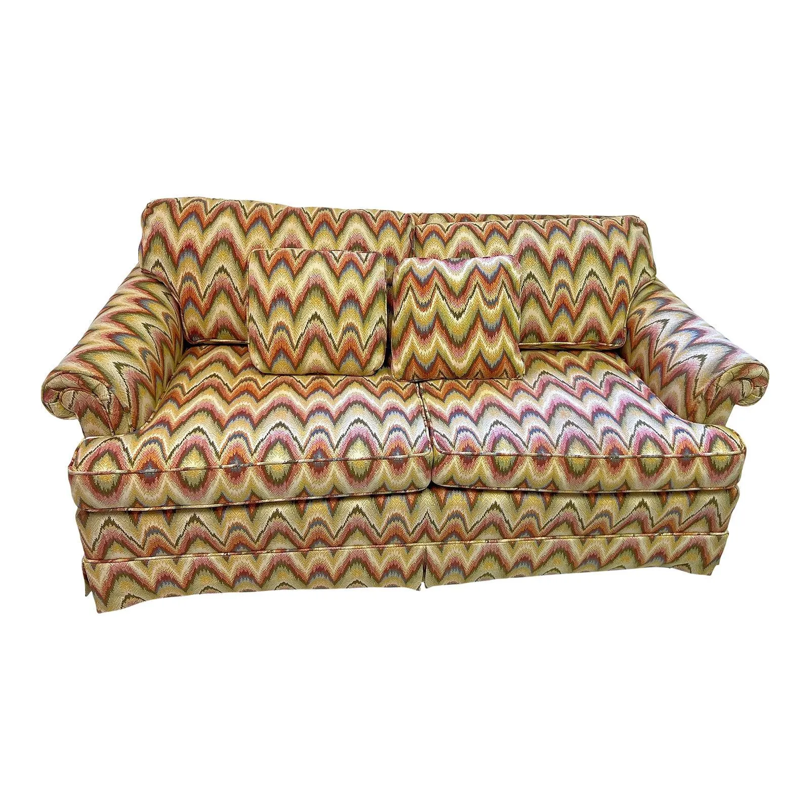 1970’s Baker Furniture 2 Seater Sofa in a Colorful Flame Stitch Upholstery.