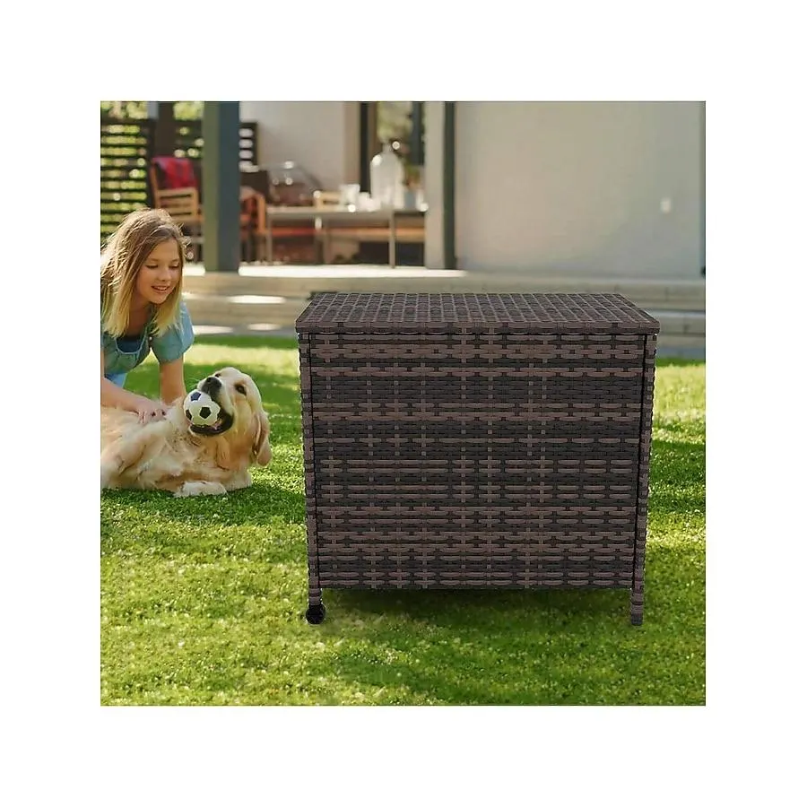 Qeetex 80 Gallon Large Deck Box Waterproof PE Rattan Outdoor Storage Box with Handles and Wheels. Storage Bin for Garden. Balcony. Porch. Pool. Yard