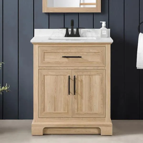 Doveton 30 in. Single Sink Freestanding Weathered Tan Bath Vanity with White Engineered Marble Top (Assembled)