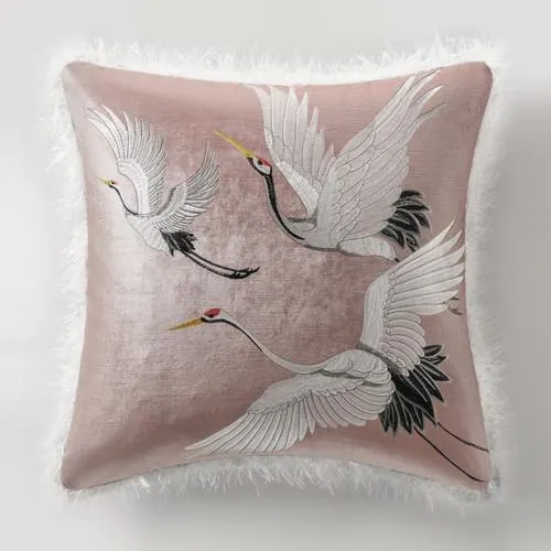 Crane Embroidered Pillow 20" - Dusty Rose