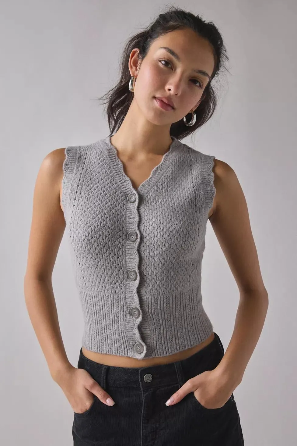 Kimchi Blue Posey Pointelle Knit Cropped Button-Up Sweater Vest