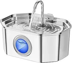 Cat Water Fountain Stainless Steel 108oz/3.2L, APAUK Automatic Pet Fountain Dog Water Dispenser with Water Level Window, Quiet Cat Fountain for Drinking, Inside with Replacement(1 Filter&1 Sponge)