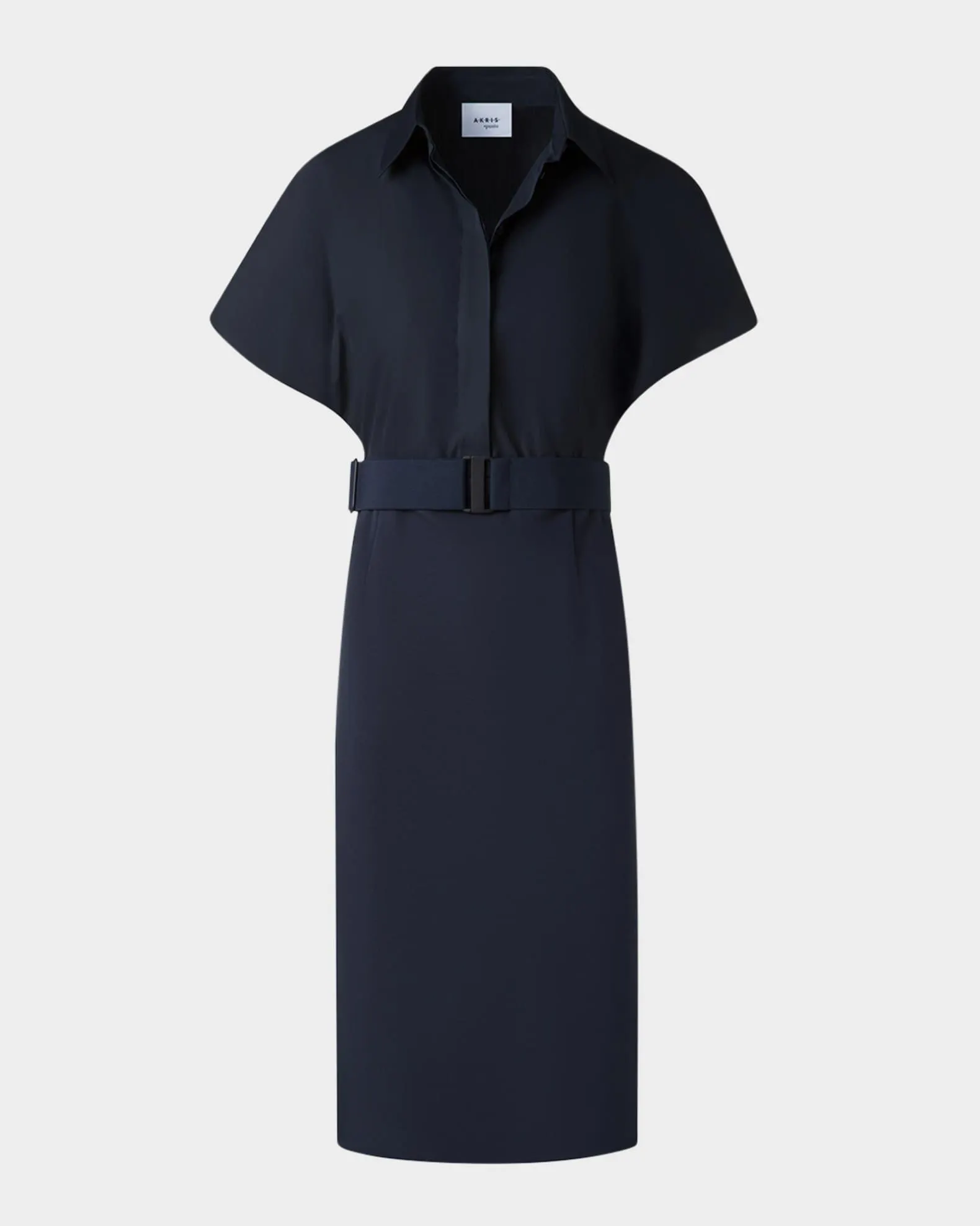 Mixed-Media Belted Cap-Sleeve Shirtdress