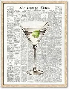 EcoHest Trendy Newspaper Martini Framed Wall Art, 12x16 in OAK Wood Retro Bar Cart Canvas Art, Magazine Aesthetic Apartment Art, Beige Logs Funky 70's Set of 1 for Bedroom Living Room