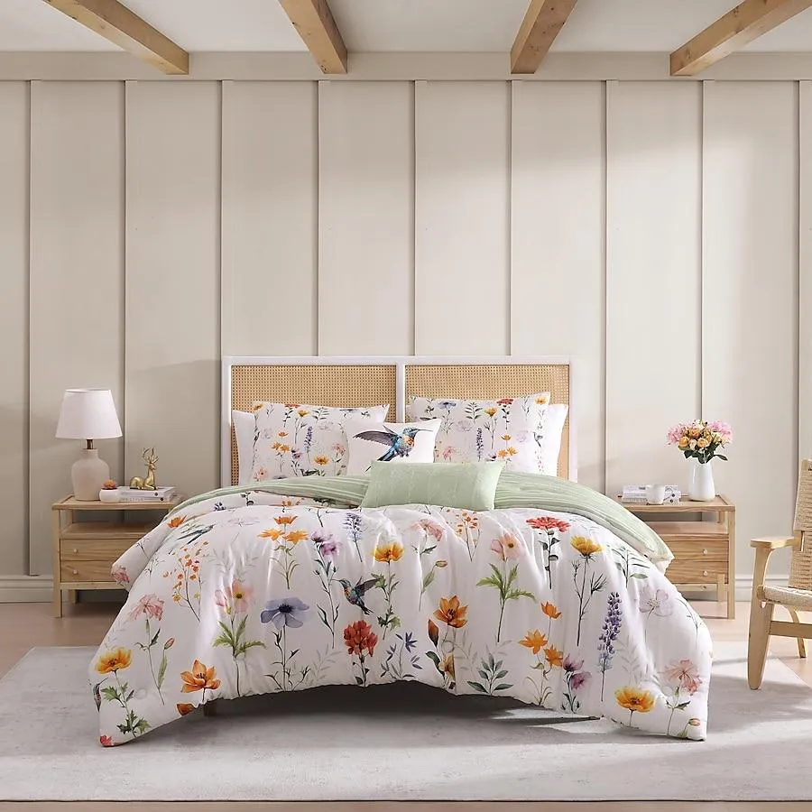 BEBEJAN Fresh Cut Flowers White Floral Reversible Queen Comforter Cotton