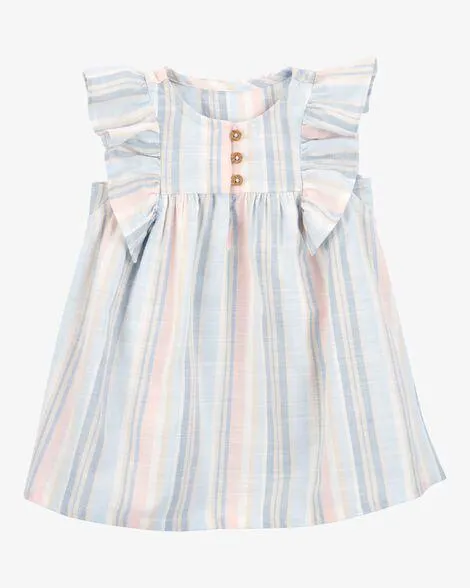Baby Striped Linen Look-alike Flutter Sleeves Dress