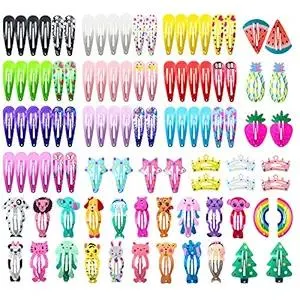 Funtopia Hair Clips for Girls,100 Pcs No Slip Metal Snap, Barrettes for Kids Teens Women, Cute Candy Color Cartoon Design Hair Pins (Animals Fruits Crowns Stars)