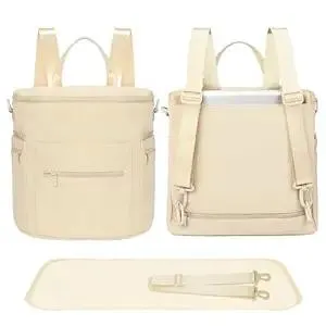 miss fong Neoprene Diaper Bag - Baby Diaper Bag,Large Capacity Neoprene Backpack with Changing Pad Travel Diaper Backpack Tote Backpack with 16 Pockets for Mom & Dad-Beige