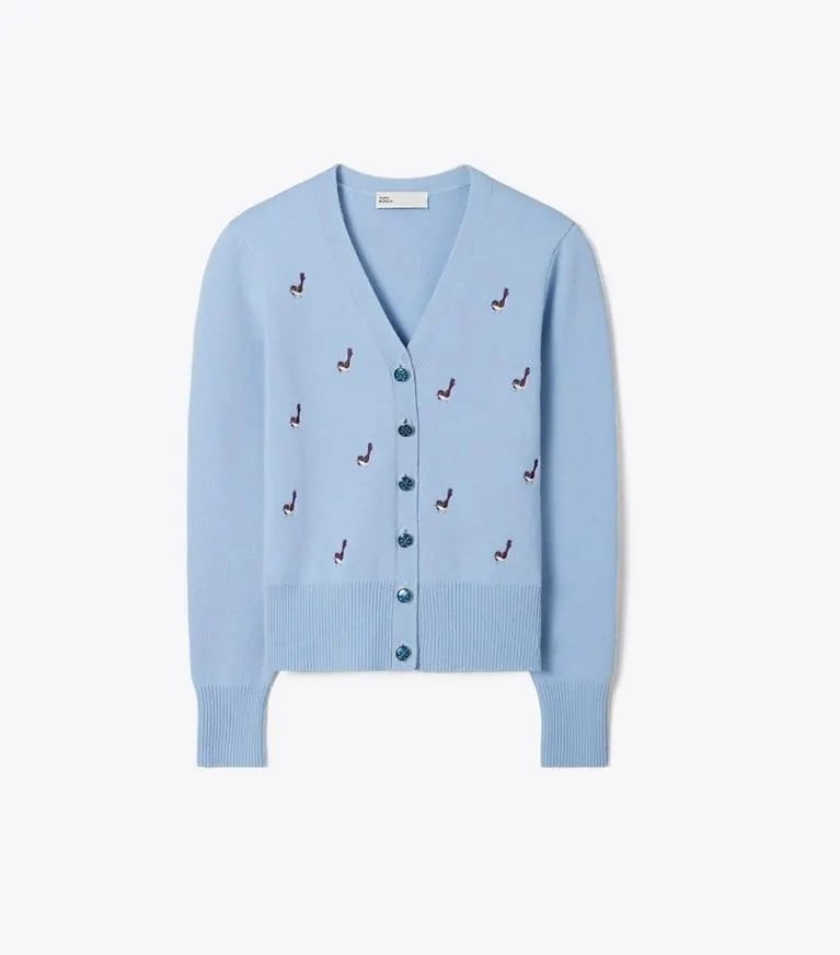 BIRDIE-EMBROIDERED CASHMERE CARDIGAN