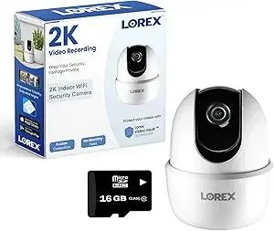Lorex Pan & Tilt Indoor Security Camera - Wireless 2K WiFi Camera with Person Detection, Two-Way Talk and Smart Home Compatibility - Free 16GB Micro SD