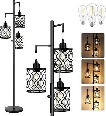 Dimmable Farmhouse Floor Lamp, Industrial Floor Lamp for Living Room with 3 X 6W LED Bulbs, 3 Light Rustic Standing Tall Lamp for Bedroom, Office, 68"