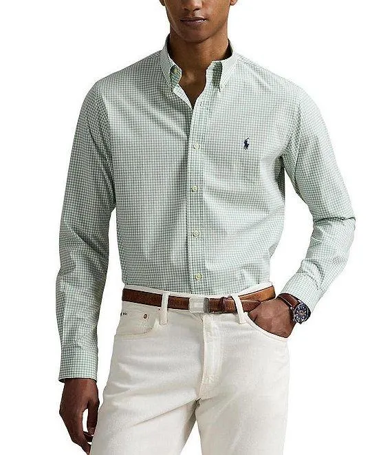 Slim Fit Gingham Stretch Poplin Long Sleeve Woven Shirt