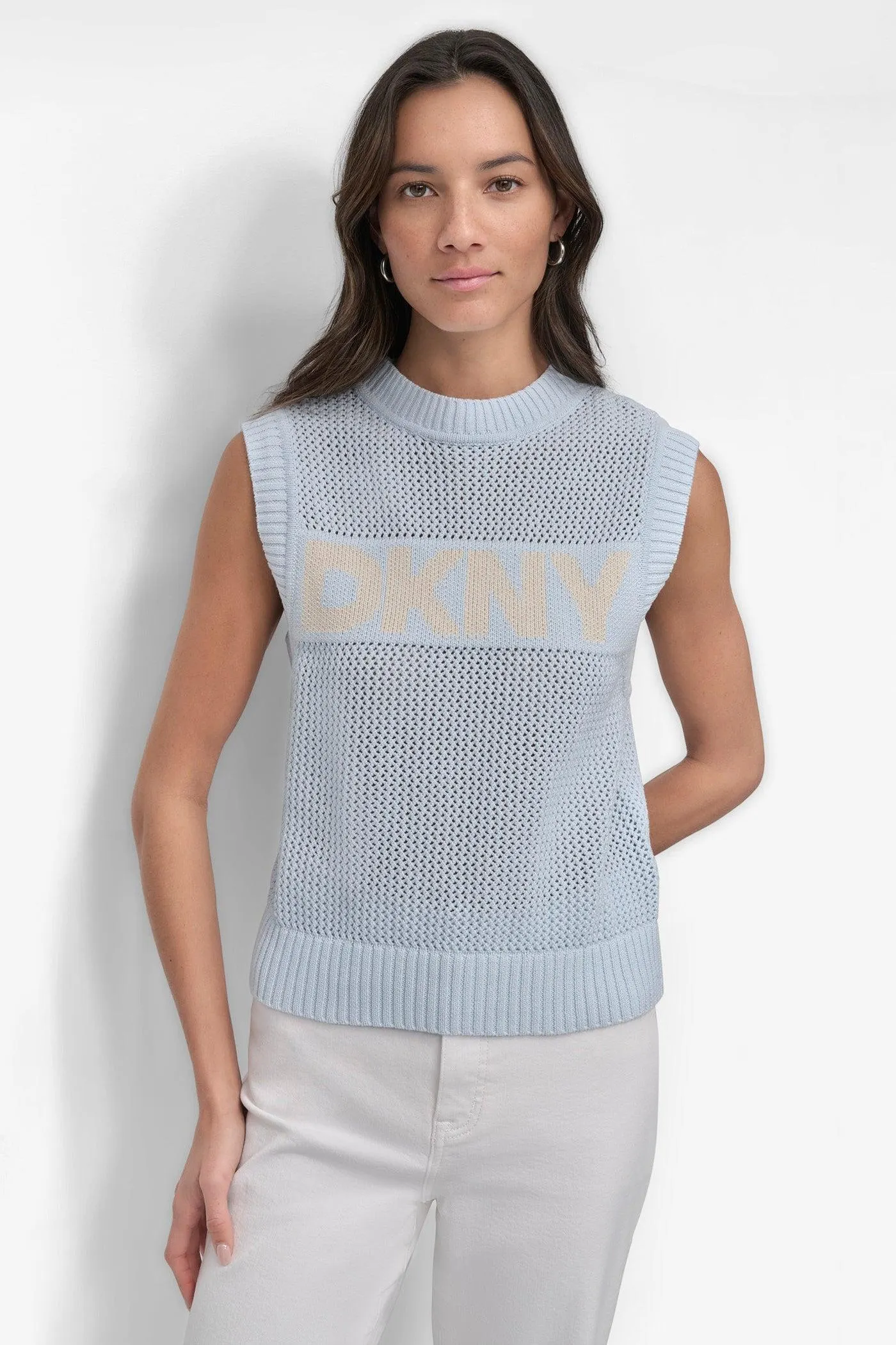 SLEEVELESS CREW NECK POINTELLE SITCH VESTWITH KNIT