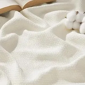 Bedsure GentleSoft 100% Cotton Blanket Queen Size for Bed - Breathable and Lightweight, Soft Cozy Textured Herringbone Woven Blanket for Summer, Ivory, 90x90 inches