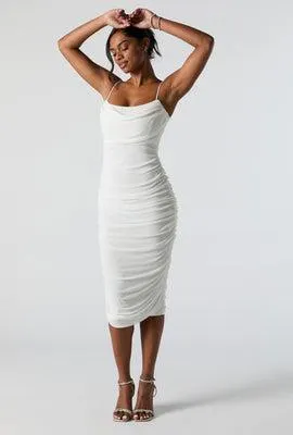 Mesh Cowl Neck Ruched Midi Dress