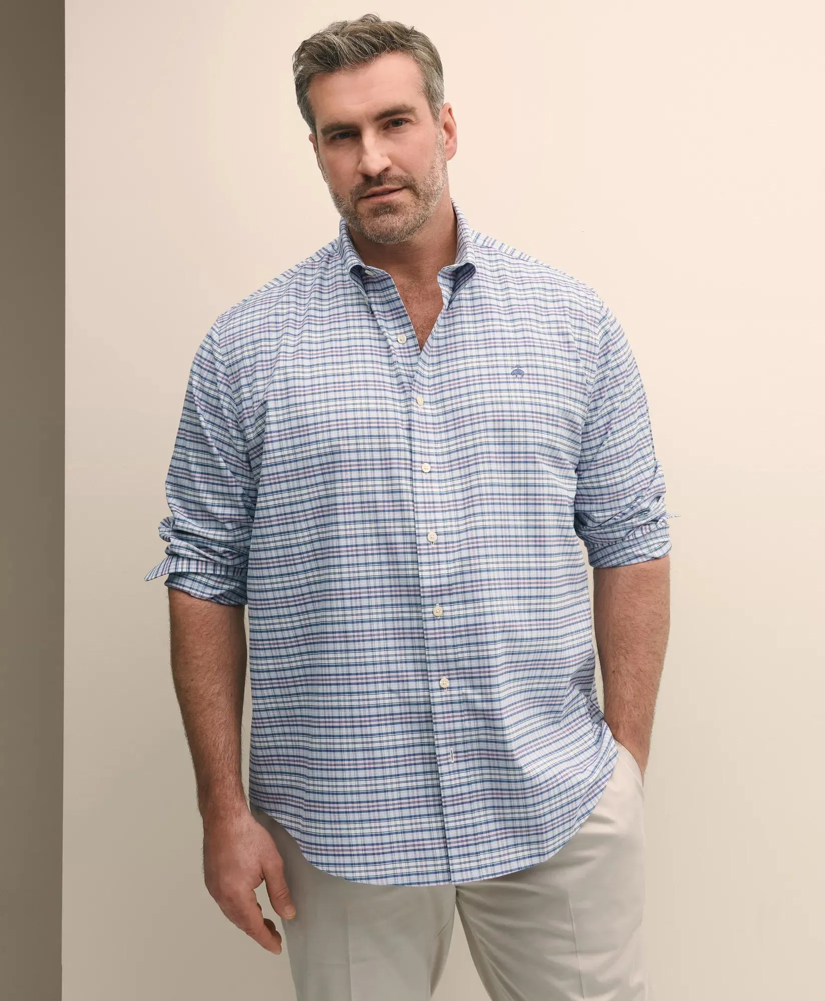 Big & Tall Stretch Cotton Non-Iron Oxford Polo Button Down Collar, Tartan Shirt