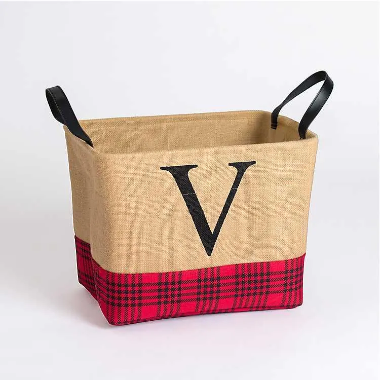 Monogrammed V Red and Black Plaid Jute Bin
