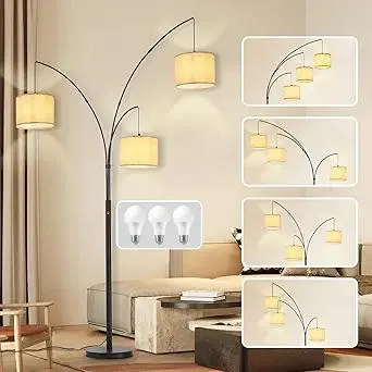 DLLT Modern Floor Lamp for Room: 3-Light Black Tree Dimmable Floor Lamps with Beige Shades for Living Room - Arc Standing Lamp for Bedroom - Tall Floor Lamp for Office Corner 3 LED Bulbs Included