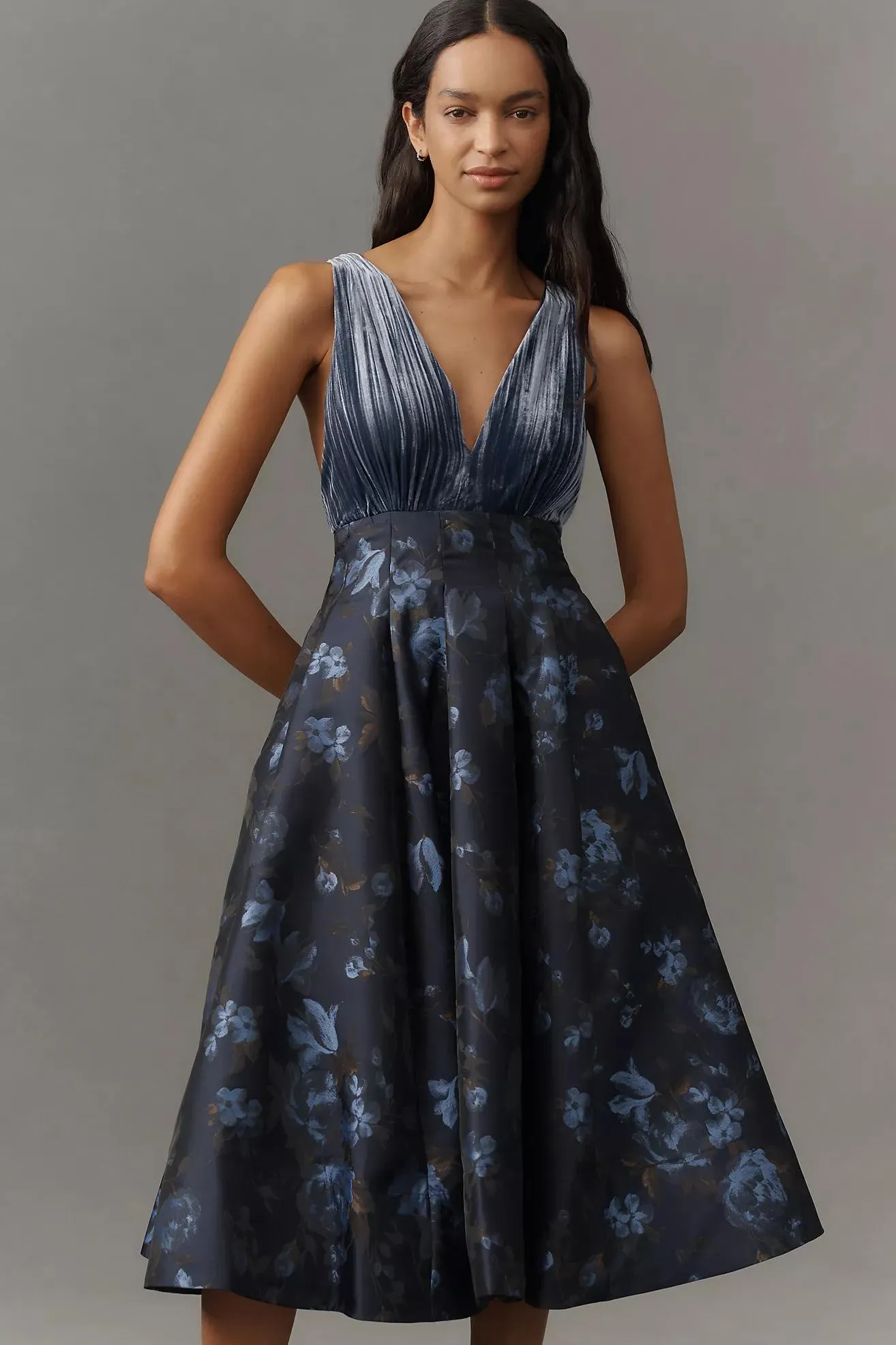Maeve V-Neck Velvet Jacquard A-Line Midi Dress
