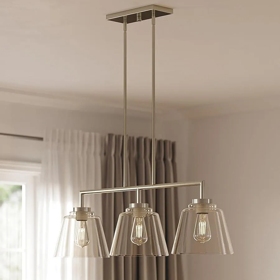 allen + roth Bradley 3 -Light Brushed Nickel Farmhouse Clear glass Linear Large Hanging Kitchen island light