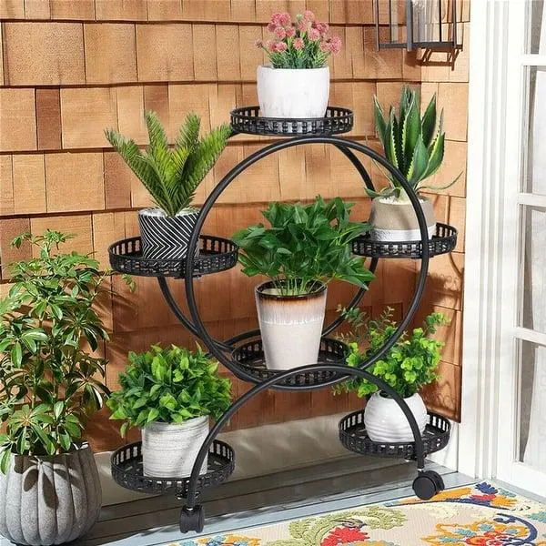 Flower Pot Holder Metal Plant Stand Shelf with 4-Wheel