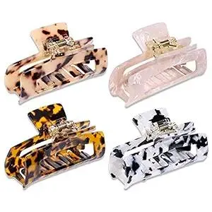 Magicsky 4PCS Hair Claw Clips, Acrylic Hair Banana Barrettes, Celluloid French Butterfly Jaw Clips,Tortoise Shell Grip Pin Teeth Clamp -Leopard print Stylish Hair Accessories for Women Girls,Long Size