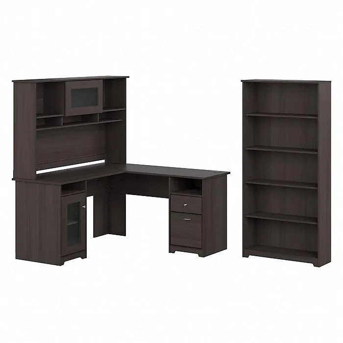 Bush Furniture Cabot 60"W L Shaped Computer Desk with Hutch and 5 Shelf Bookcase,