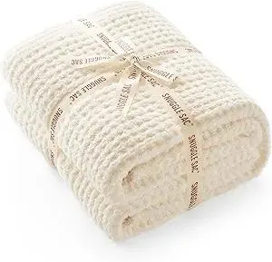 Snuggle Sac Ultra Soft Waffle Throw Blanket for Couch Bed Sofa 50x60 inches, Reversible Cream Blanket Microfiber Fluffy Fuzzy Cozy Knit Throws for Women Mothers Birthday Gifts
