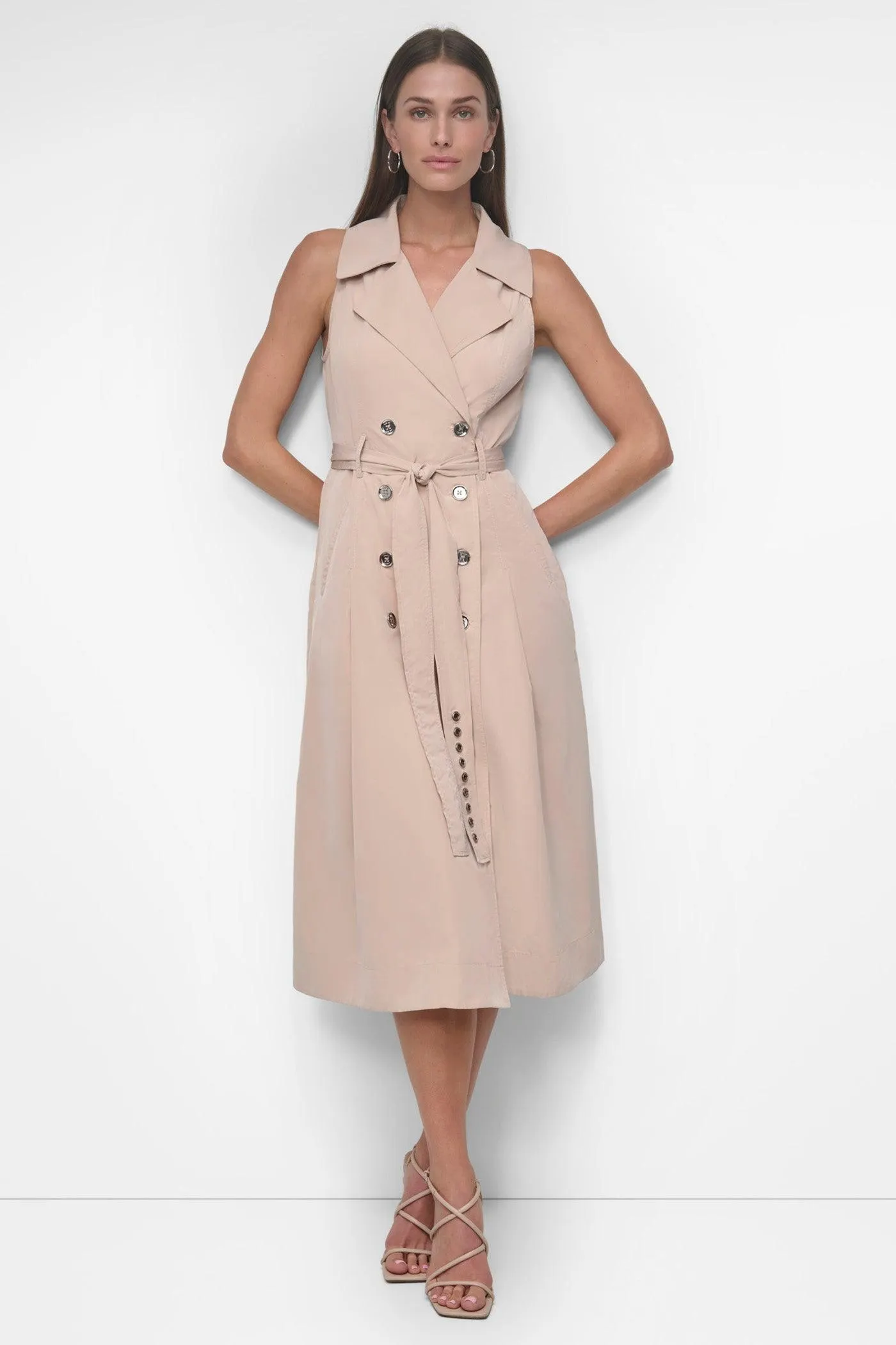 SLEEVELESS TECH COTTON BELTED MIDI DRESS