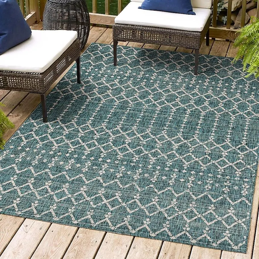 JONATHAN Y Santa Monica Ourika Filigree Textured Weave 5 x 8 (ft) Loomed Polypropylene Teal/Gray Rectangular Indoor/Outdoor Distressed/Overdyed Coastal Area rug