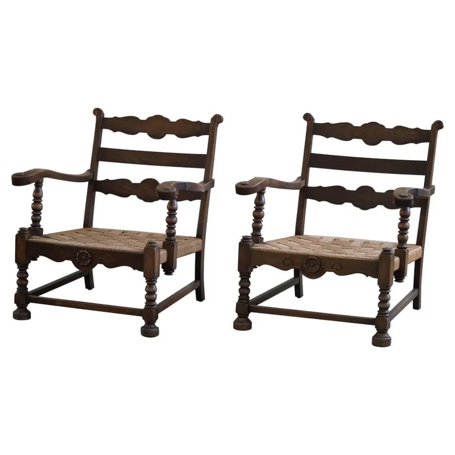 Set of Vintage Modern Danish Sculptural Armchairs in Oak and Papercord, 1940s