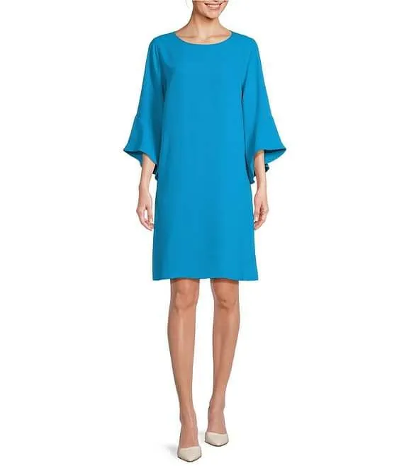 Julia Matte Crepe 3/4 Ruffle Sleeve Shift Round Neck Shift Dress