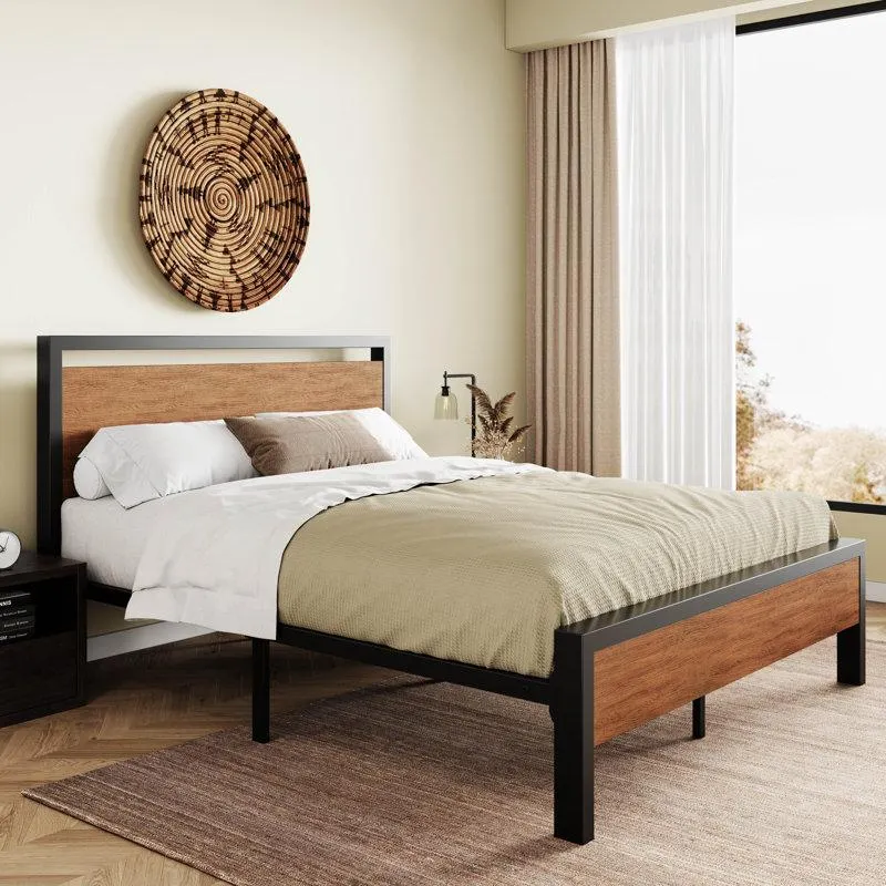 Metal Frame Platform Bed with Wood Headboard