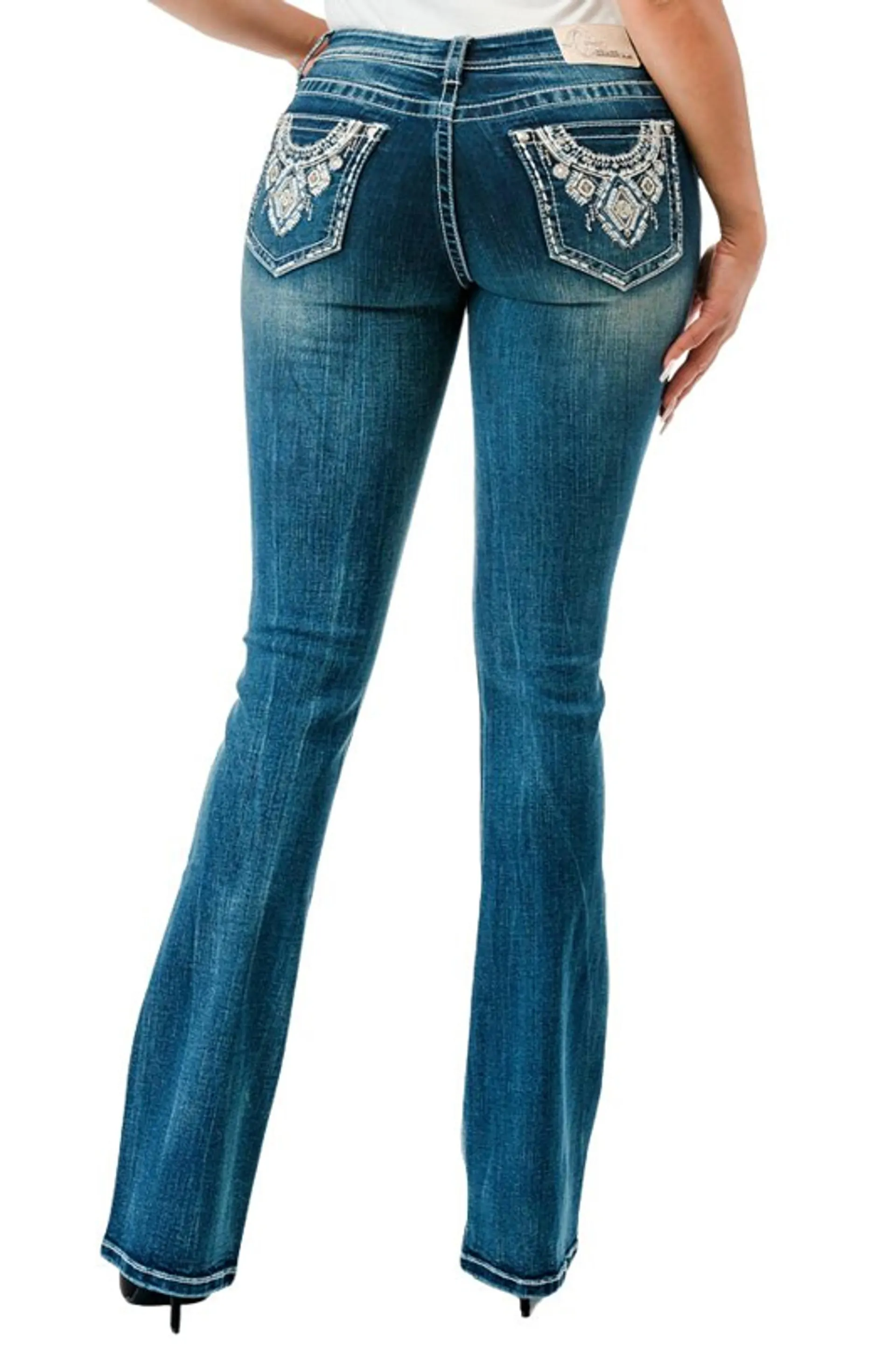 Grace In LA Women's Medium Wash Aztec Pocket Mid Rise Stretch Denim Bootcut Jeans