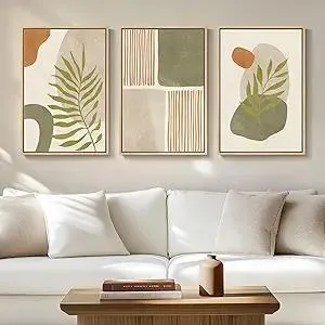 Framed Boho Sage Green Wall Art for Living Room, Large Mid Century Modern Tropical Leaf Canvas Artwork for Walls, 3 Piece Beige Orange Bohemian Wall Art Prints for Bedroom Kitchen Hallway, 16x24 Inch