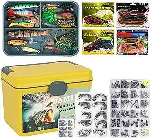 600 Pcs/Tackle Box Fishing Kit-Fishing Hooks,Sinkers, Swivels Snaps,Top Water Lure,Spoons,Soft Lures,Jig Heads, Frogs, Minnow, Accessories Equipment- Saltwater Freshwater Bass Bait Gear
